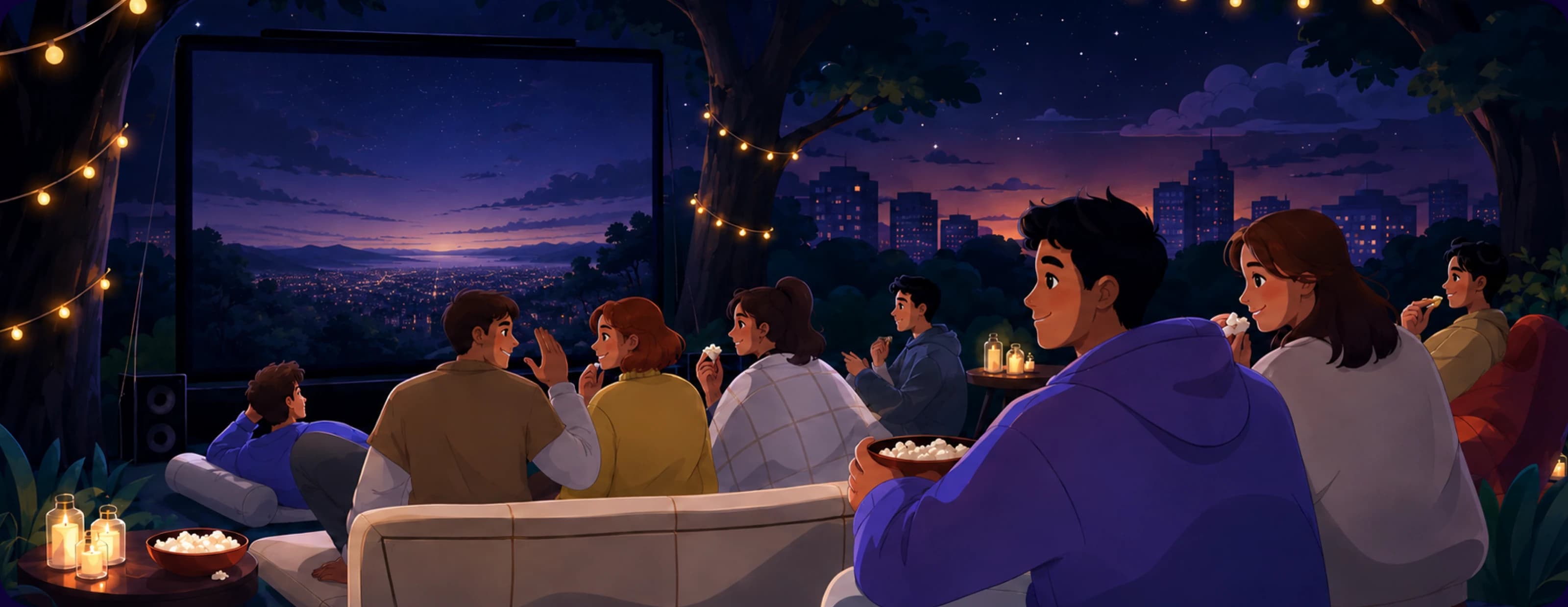 Friends and family together on a rooftop at dusk, watching something under string lights.