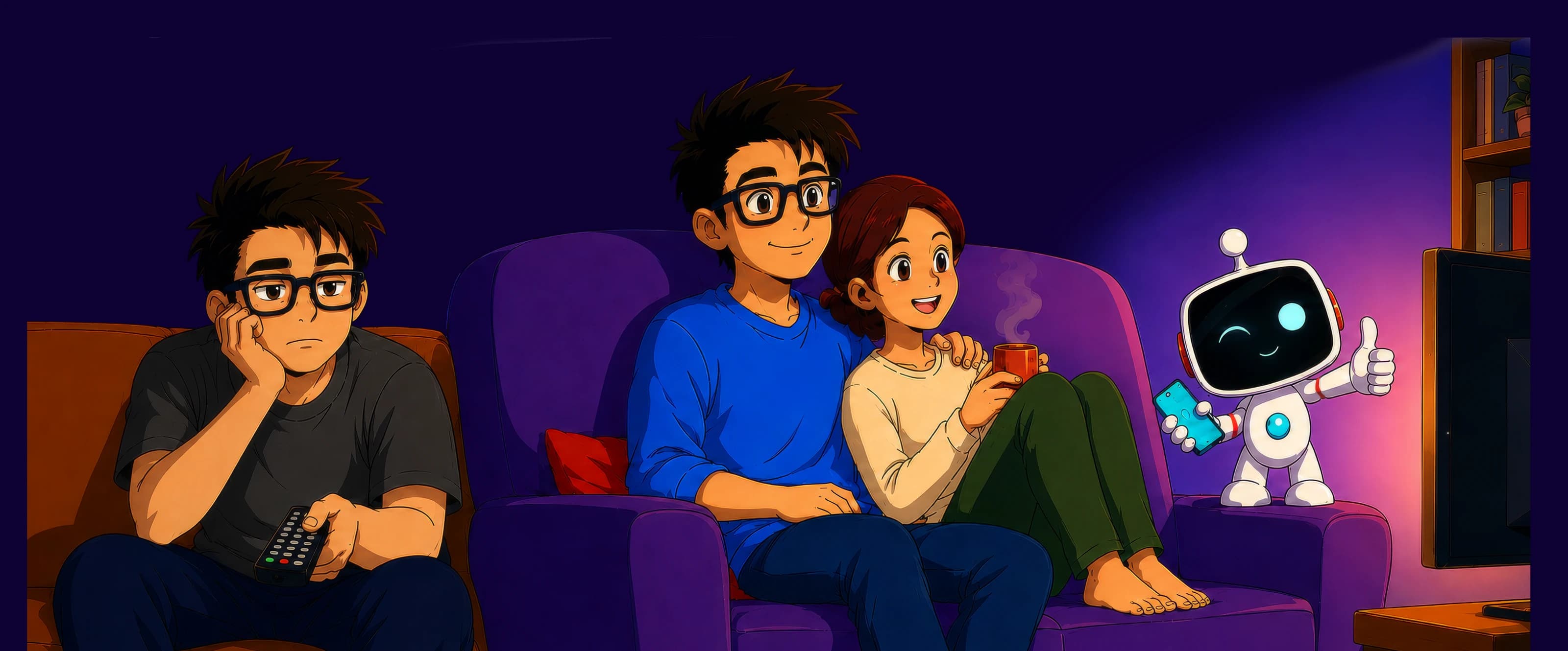 Someone slumped alone with a remote while a couple beside them enjoy a film together, with the Chuzqo robot giving a thumbs up.