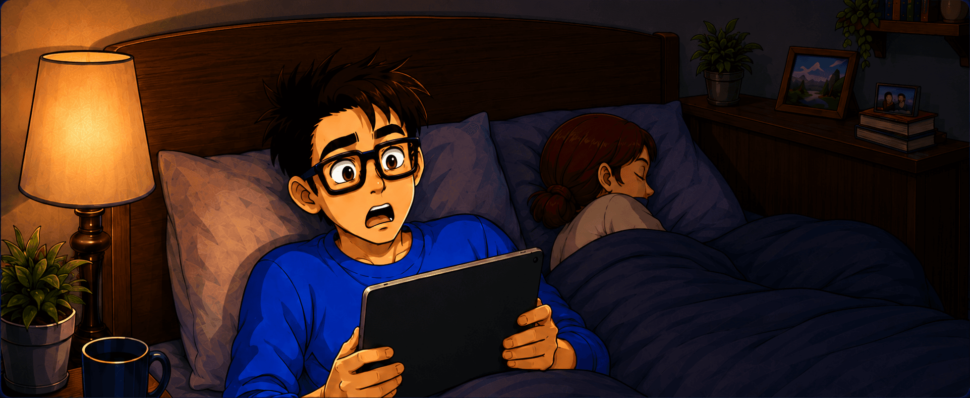 He sits up in bed at night, staring wide-eyed at a tablet while his partner sleeps.
