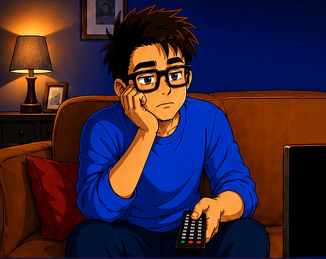 A tired guy slumped on a couch at night, remote in hand.