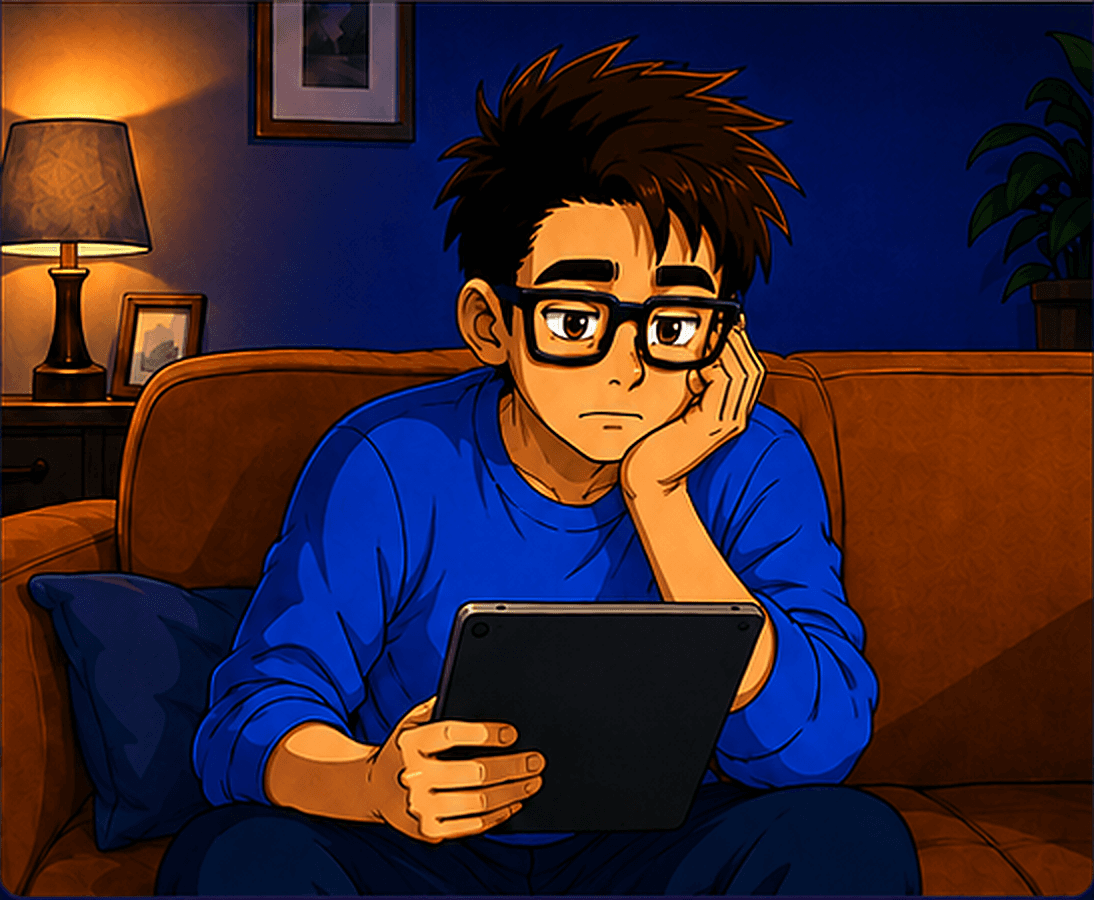 The same guy on the couch, staring at a tablet.