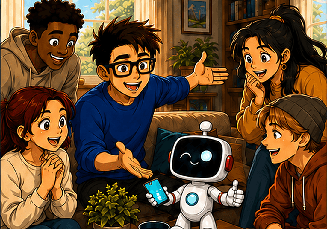 The guy presenting the little robot to a living room full of delighted friends.