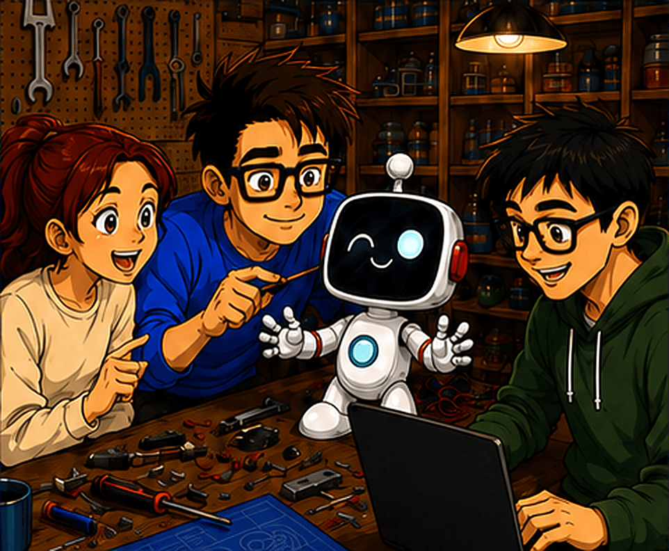 The guy and two friends assembling a small robot at a cluttered workbench.