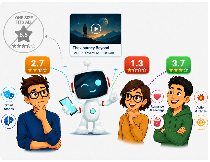 Mascot presenting each of three friends their own personalized movie rating predictions.