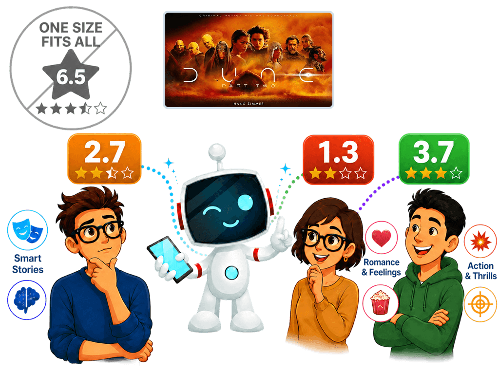 Mascot presenting each of three friends their own personalized movie rating predictions.